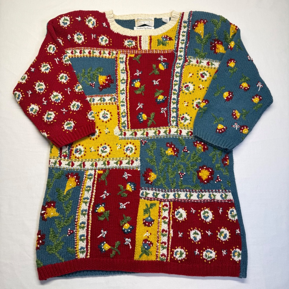 Vintage Hand Knit Floral Patchwork Sweater Large Cottagecore Grandma Cotton Boho